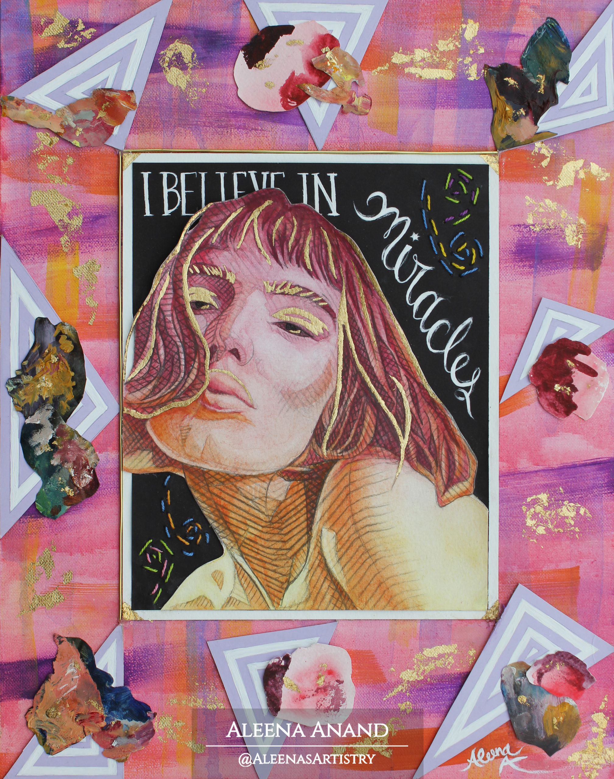 “Miracles” (16 x 20 inches, Watercolor, Acrylic & Gold Foil on Canvas)