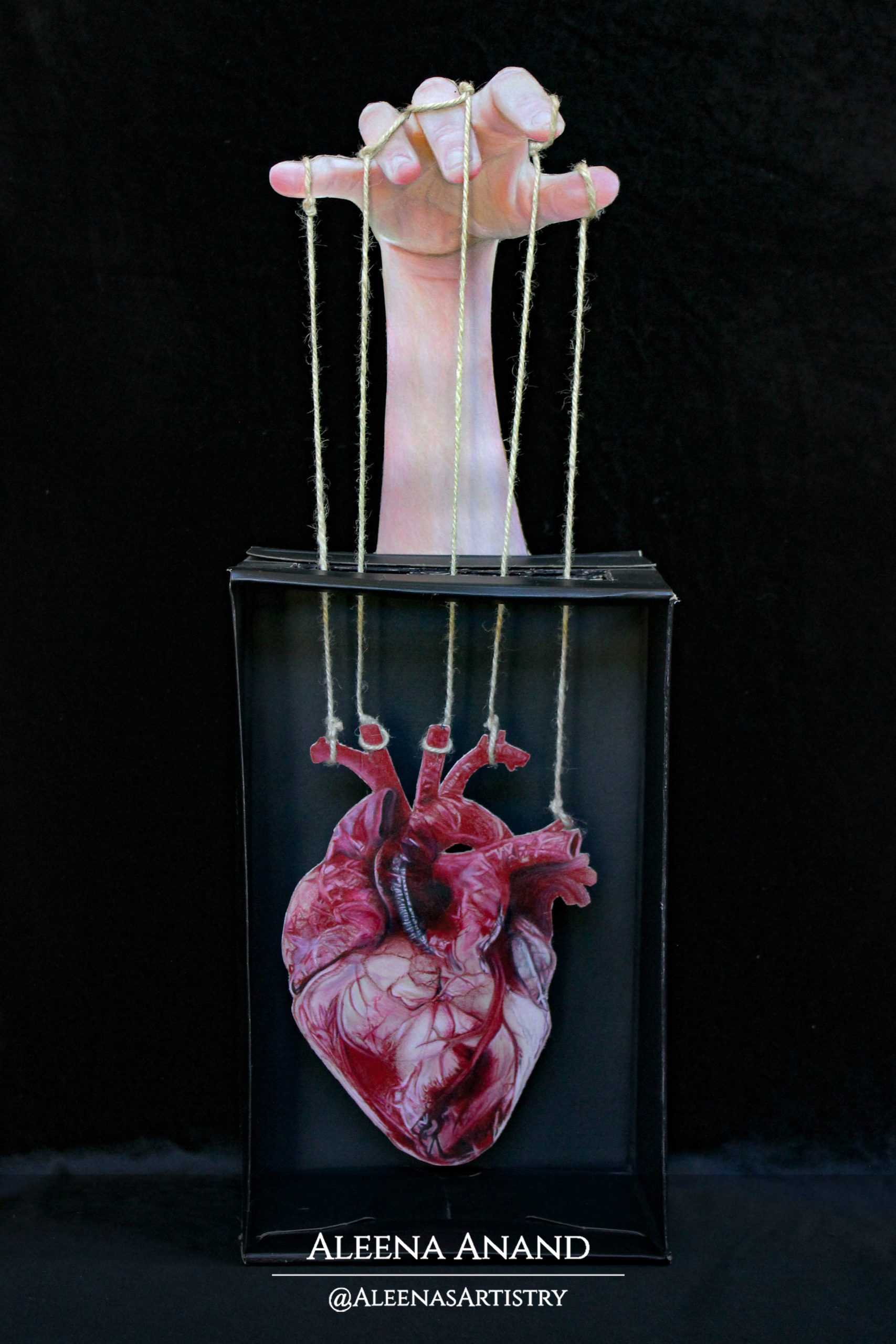 “Strings Attached” (24 x 9 x 5 inches, Colored Pencil, String & Shoebox)