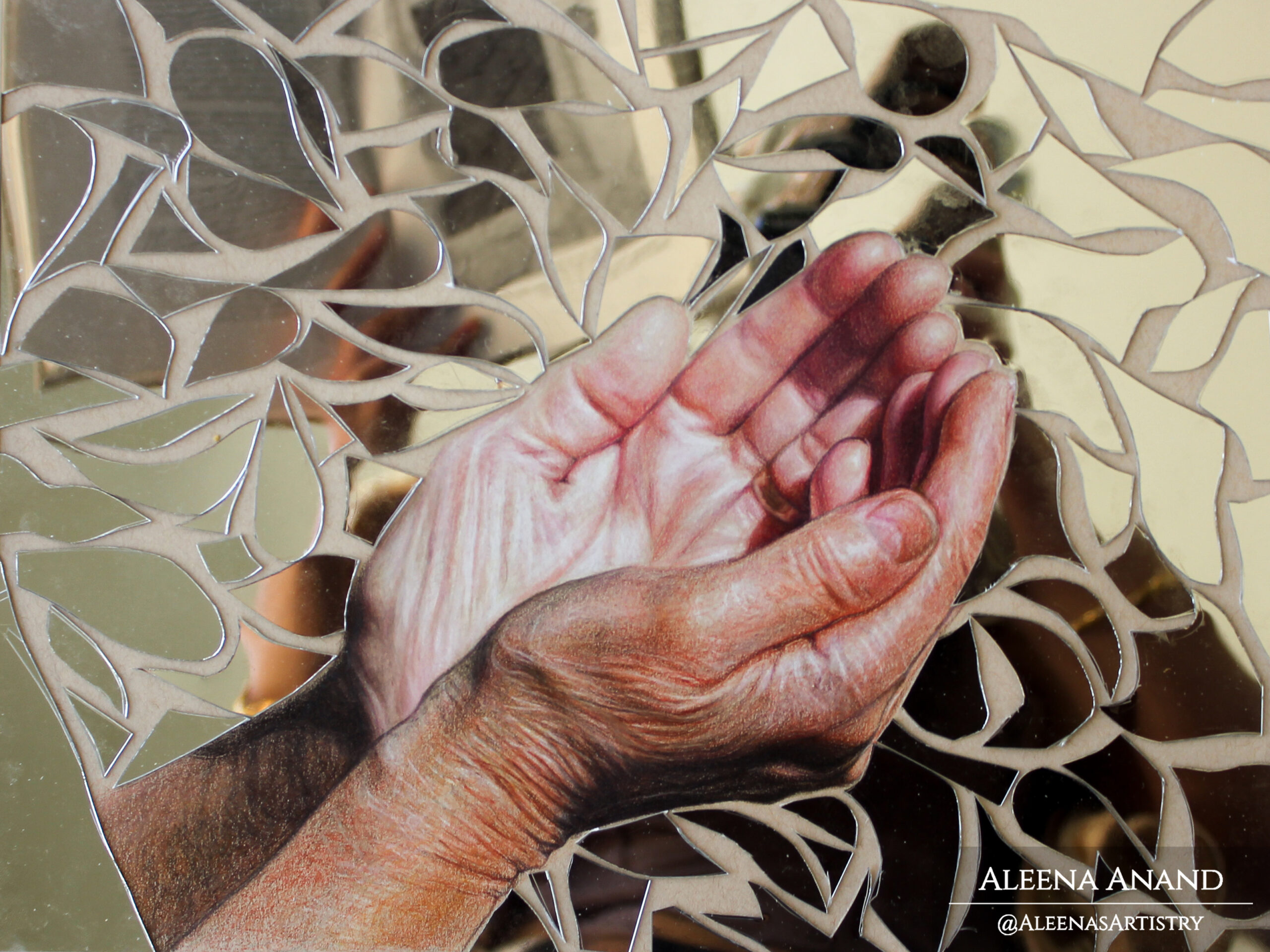 “Creator” (11 x 14 inches, Colored Pencil and Mirrored Sheets on Paper)